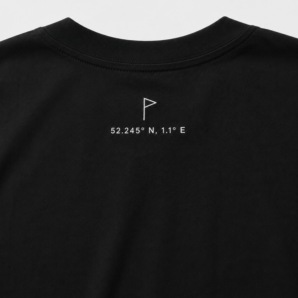 Close-up of Suffolk flag and coordinates embroidery on Black Opening Round Tee
