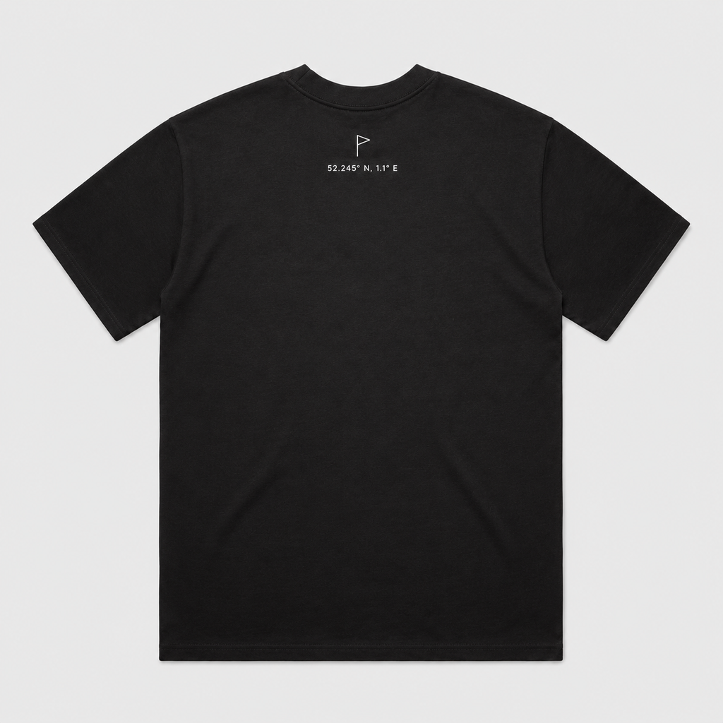 EASTERN Opening Round Tee in Black, back view showing Suffolk flag and coordinates detail