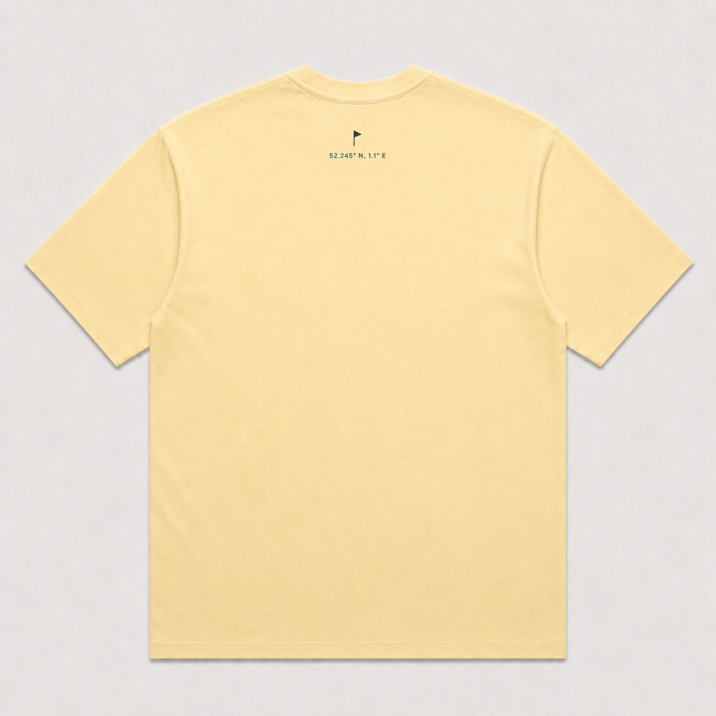 EASTERN Opening Round Tee in Butter, back view showing Suffolk flag and coordinates detail