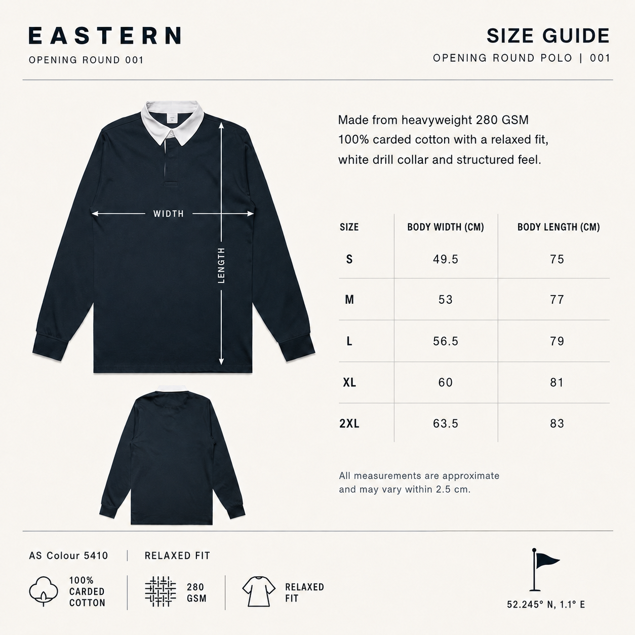 EASTERN Opening Round Golf Polo size guide