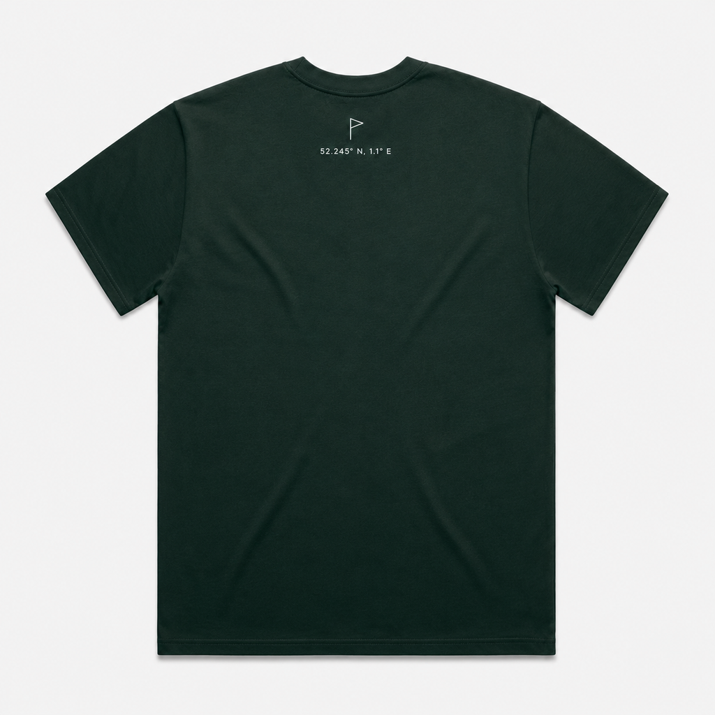 EASTERN Opening Round Tee in Pine Green, back view showing Suffolk flag and coordinates detail
