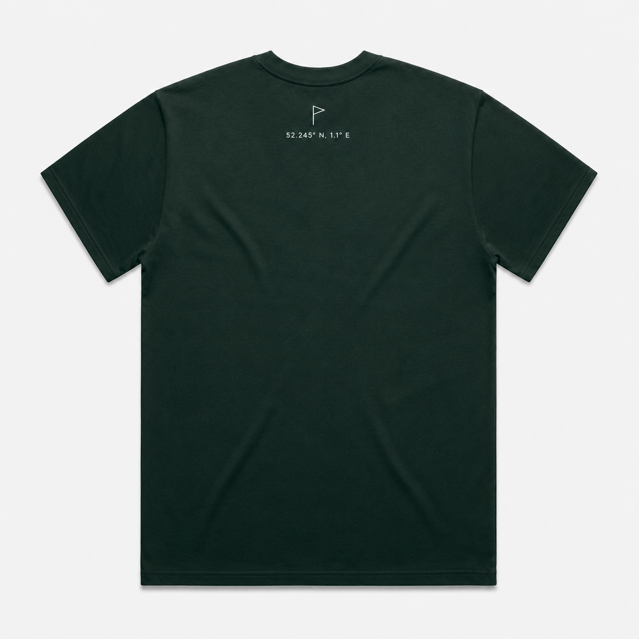 EASTERN Opening Round Tee in Pine Green, back view showing Suffolk flag and coordinates detail