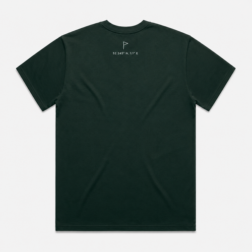 EASTERN Opening Round Tee in Pine Green, back view showing Suffolk flag and coordinates detail